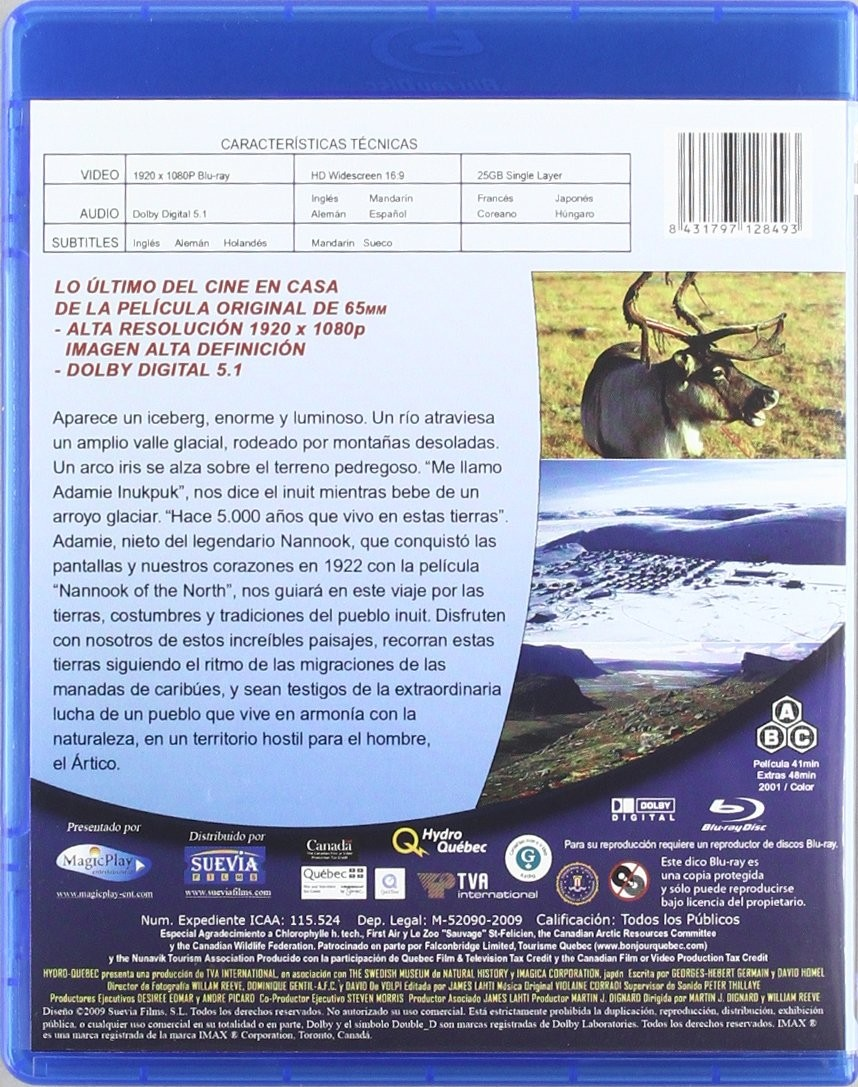 Caratula trasera de Blu-ray azul con texto en español, especificaciones, sinopsis y dos fotos de renos y paisajes.