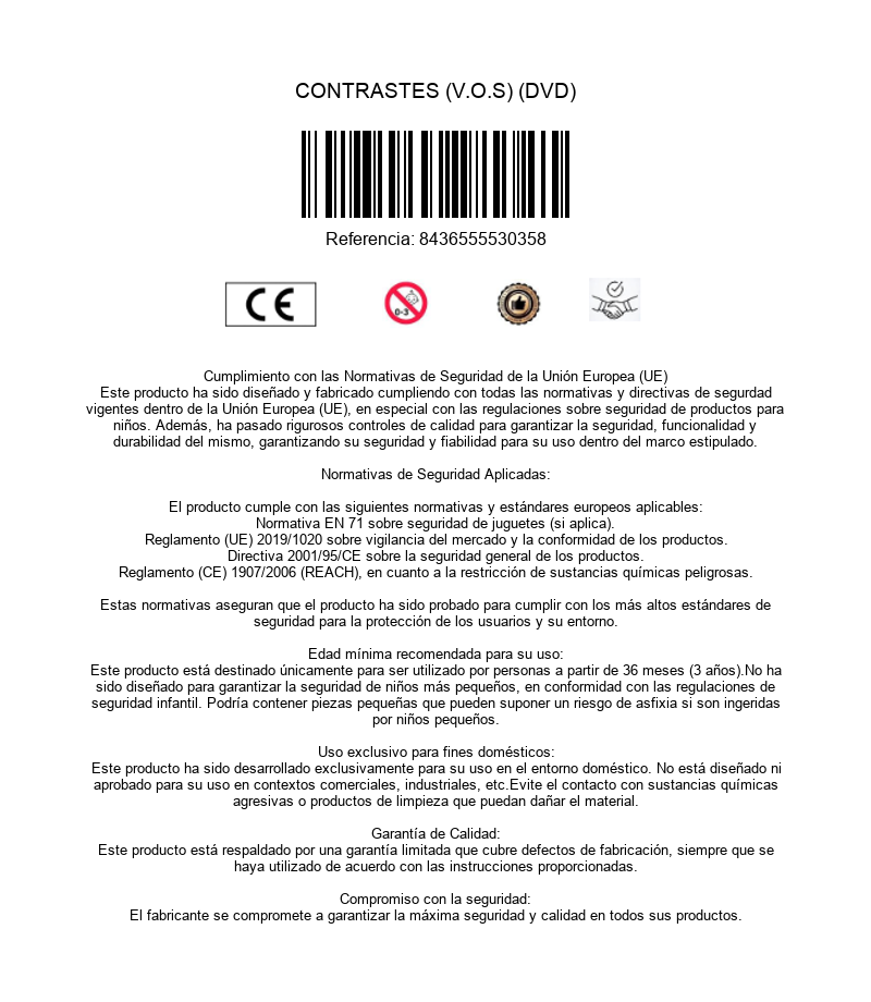 Contraportada de DVD con código de barras, marca CE y texto en español sobre normativa de seguridad de la UE.