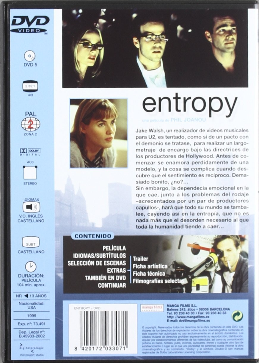 Carátula de DVD de la película Entropy con fotogramas, sinopsis y detalles técnicos.