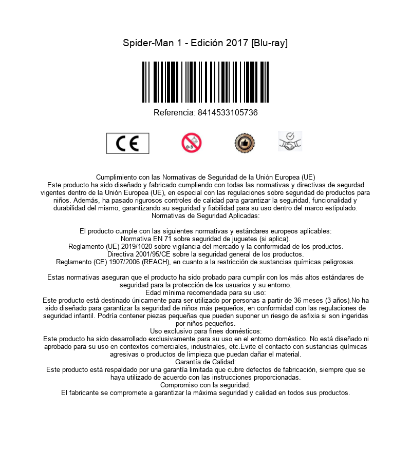 Etiqueta de producto con código de barras, marca CE, símbolos de seguridad y texto descriptivo.