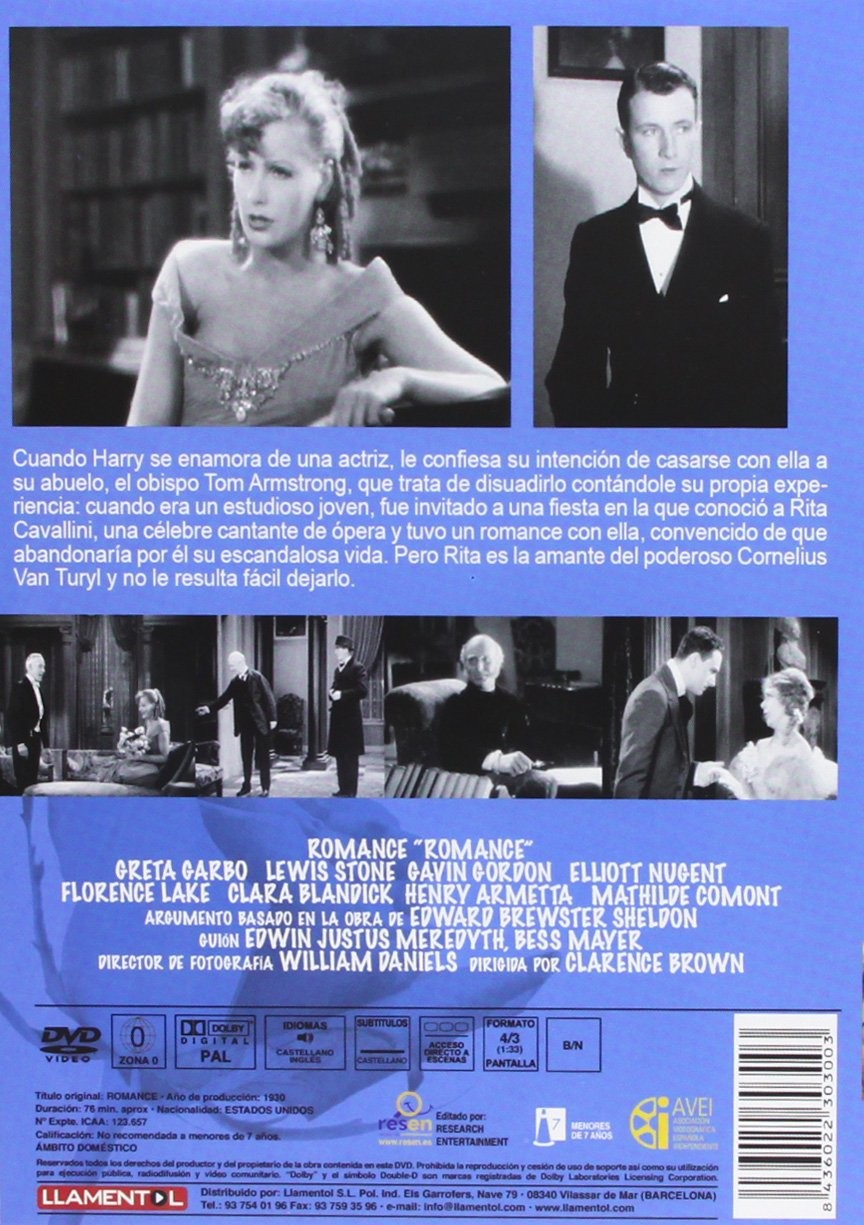 Caratula de DVD de la pelicula Romance con Greta Garbo y Lewis Stone, fotogramas y texto.