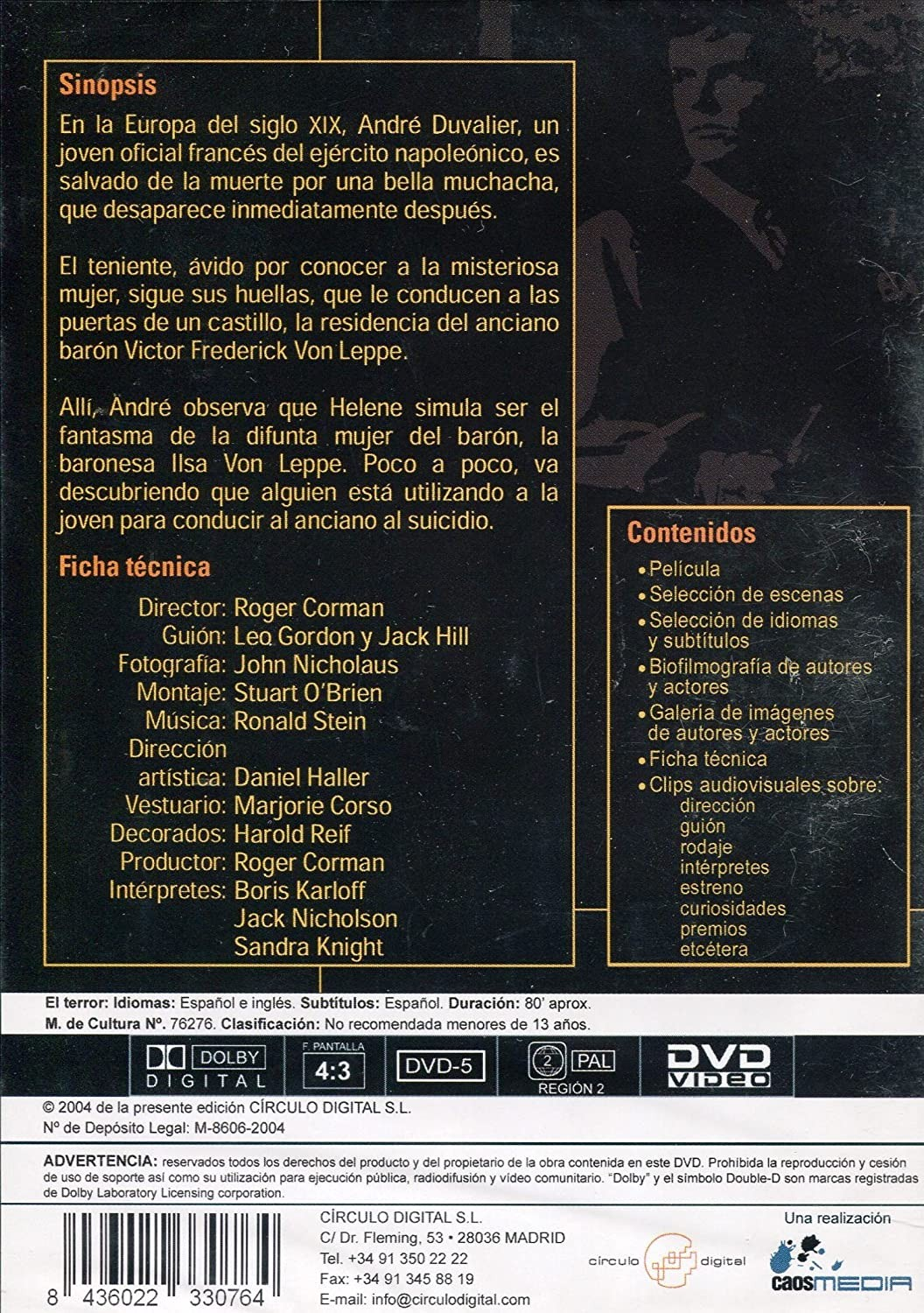 Contraportada de un DVD con sinopsis en español, créditos, contenidos, información técnica y código de barras.