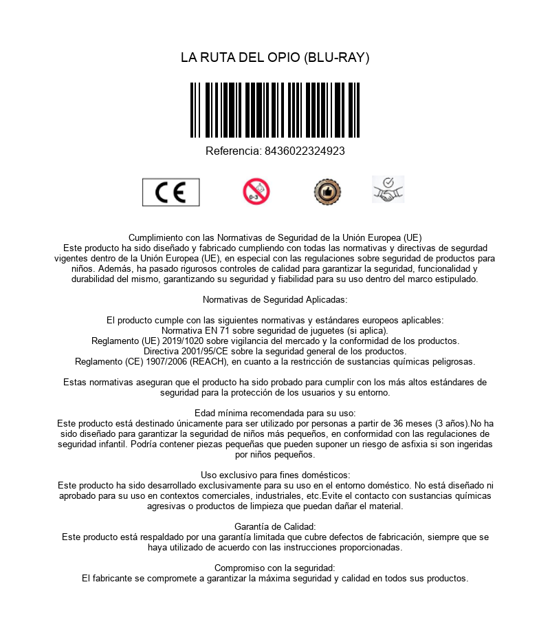Hoja de información del producto con código de barras, marcado CE y normas de seguridad.