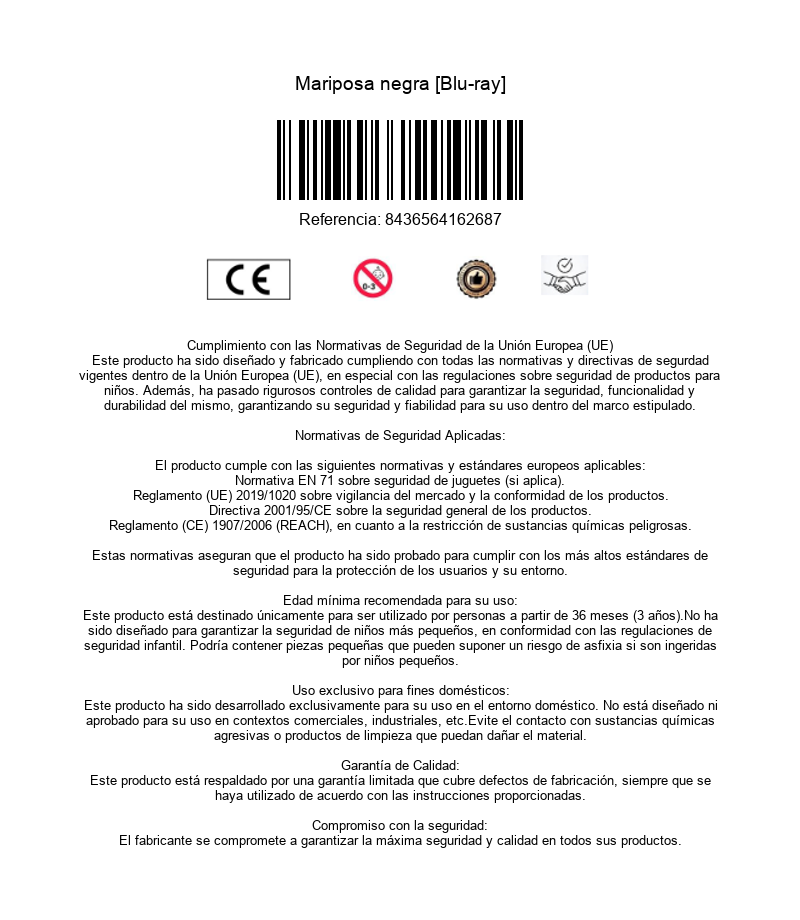 Información de producto y normas de seguridad de la UE para Mariposa negra Blu-ray con código de barras.