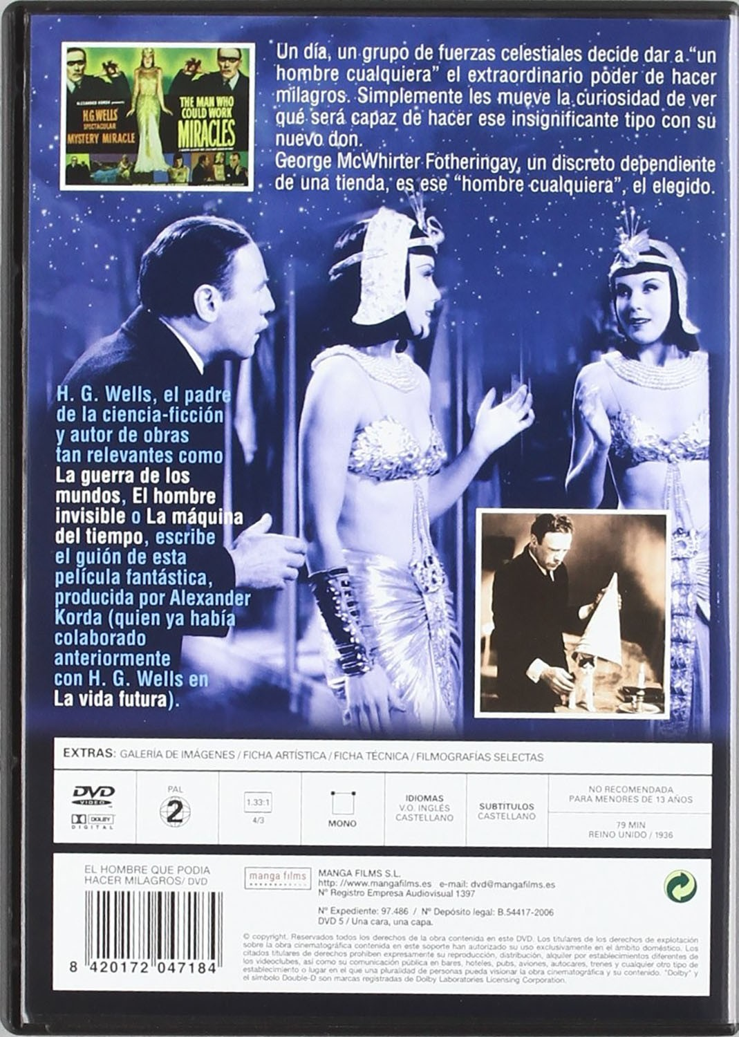 Contraportada del DVD El hombre que podía hacer milagros con fotogramas, texto descriptivo y datos técnicos en azul.