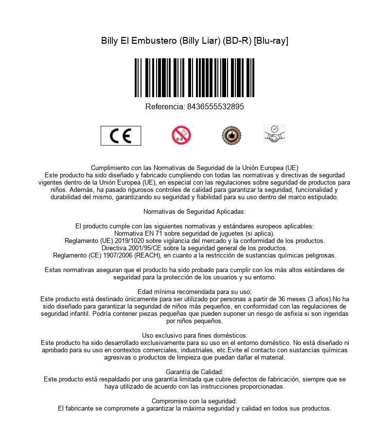Página de información del producto con código de barras, marca CE, símbolos de advertencia y texto de seguridad.