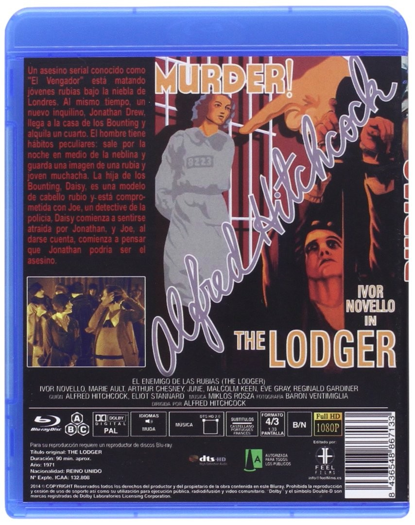 Contraportada del Blu-ray de The Lodger de Alfred Hitchcock, con texto, imágenes y detalles técnicos.