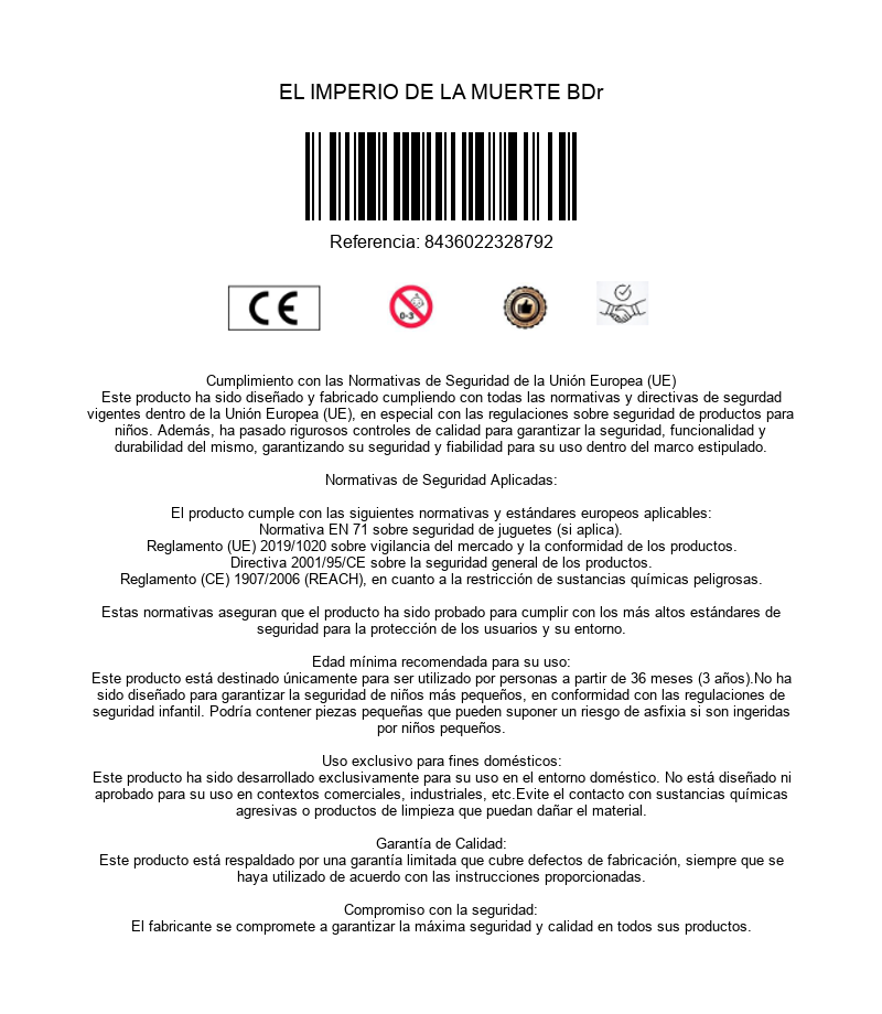 Documento de información del producto con marca CE, código de barras y avisos de seguridad.