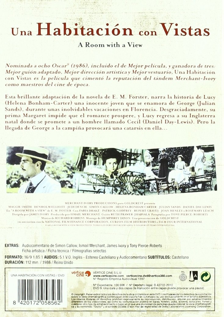 Contraportada del DVD de Una habitación con vistas con texto, sinopsis e imágenes de la película.