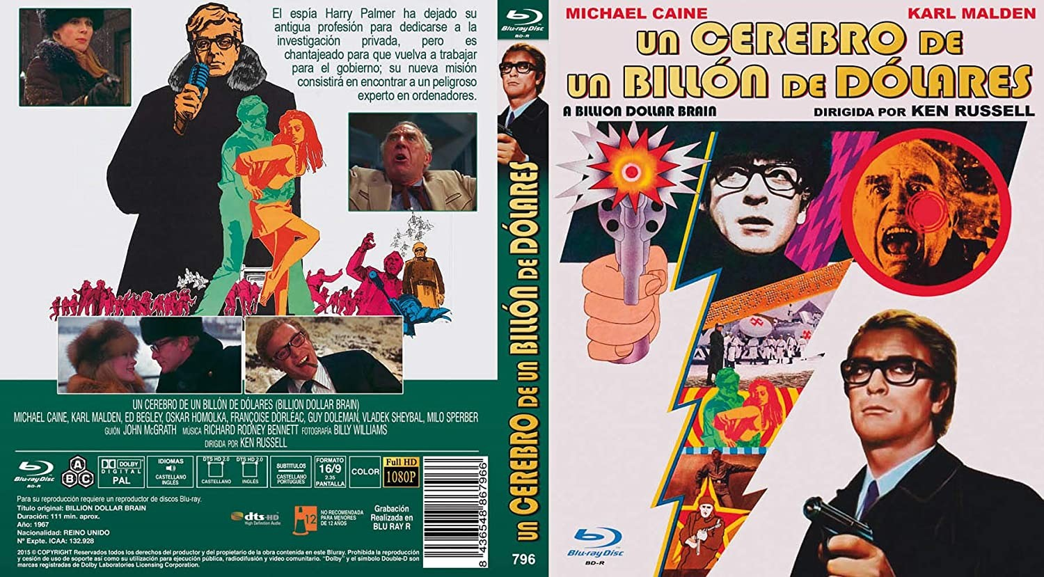 Carátula de Blu-ray de 'Un cerebro de un billón de dólares' con Michael Caine y coloridas ilustraciones.