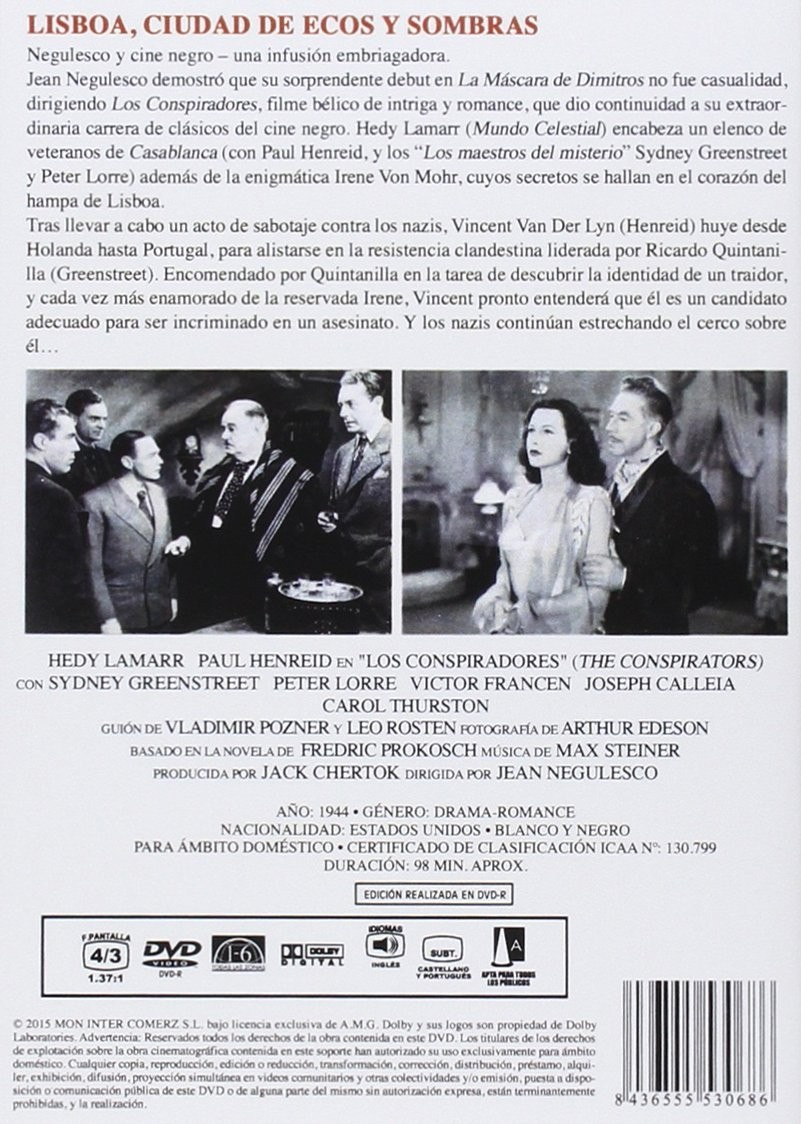 Contraportada de DVD de Los Conspiradores con texto en español, dos escenas en blanco y negro y código de barras.