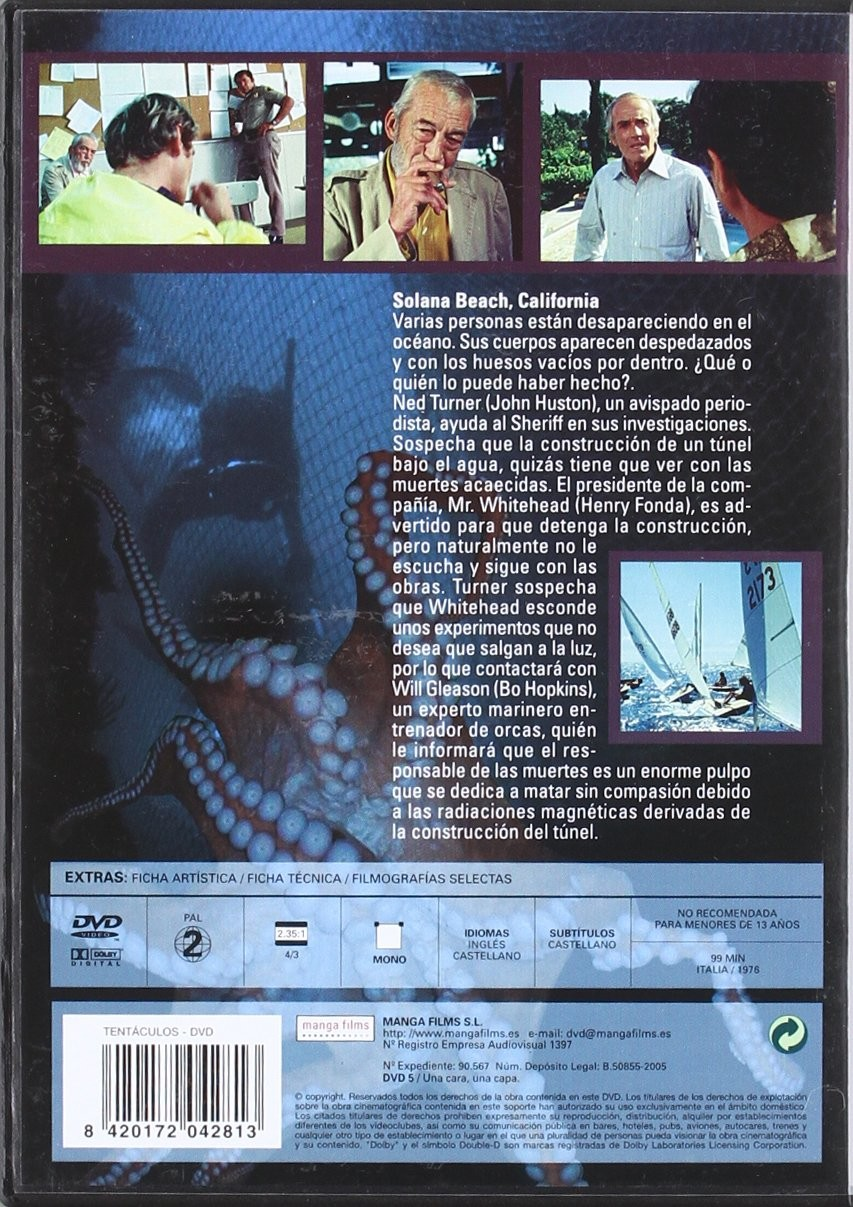 Contraportada de DVD con escenas, texto sobre un pulpo gigante y detalles.