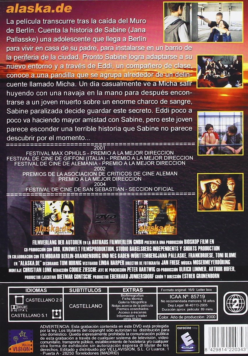 Contraportada del DVD de la película alaska.de con texto, fotos de escenas y créditos.