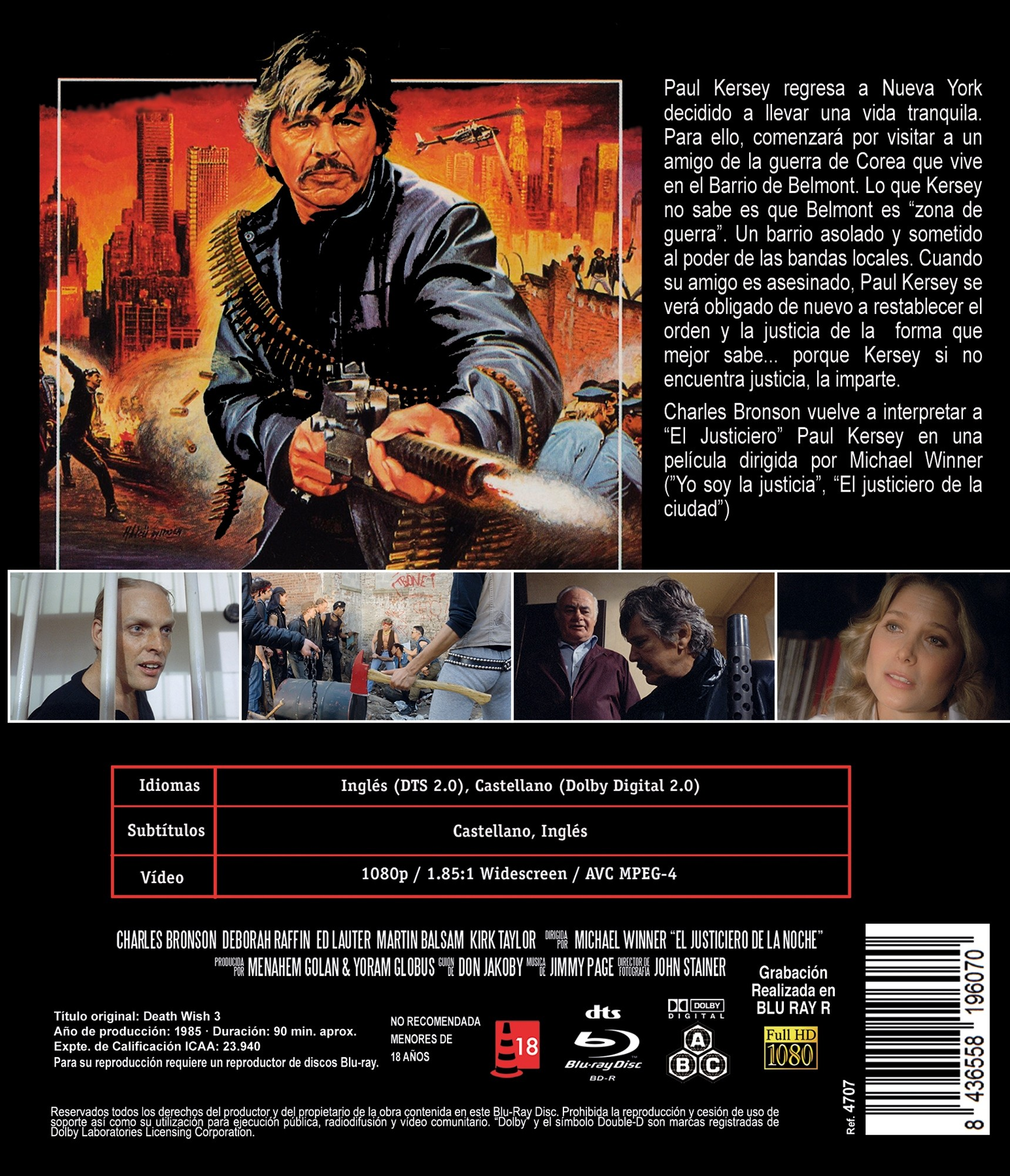 Carátula de Death Wish 3 con Charles Bronson disparando un arma y fotogramas de la película.