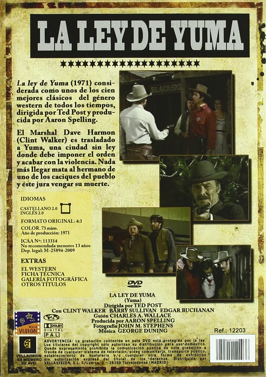 Caratula de DVD del western La Ley de Yuma con texto en español y fotos de escenas.