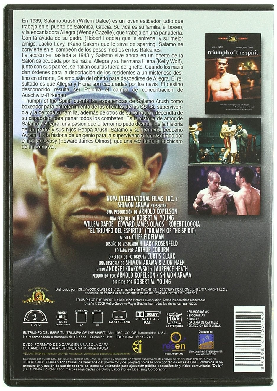 Contraportada de un DVD de Triumph of the Spirit con imágenes, sinopsis y créditos.