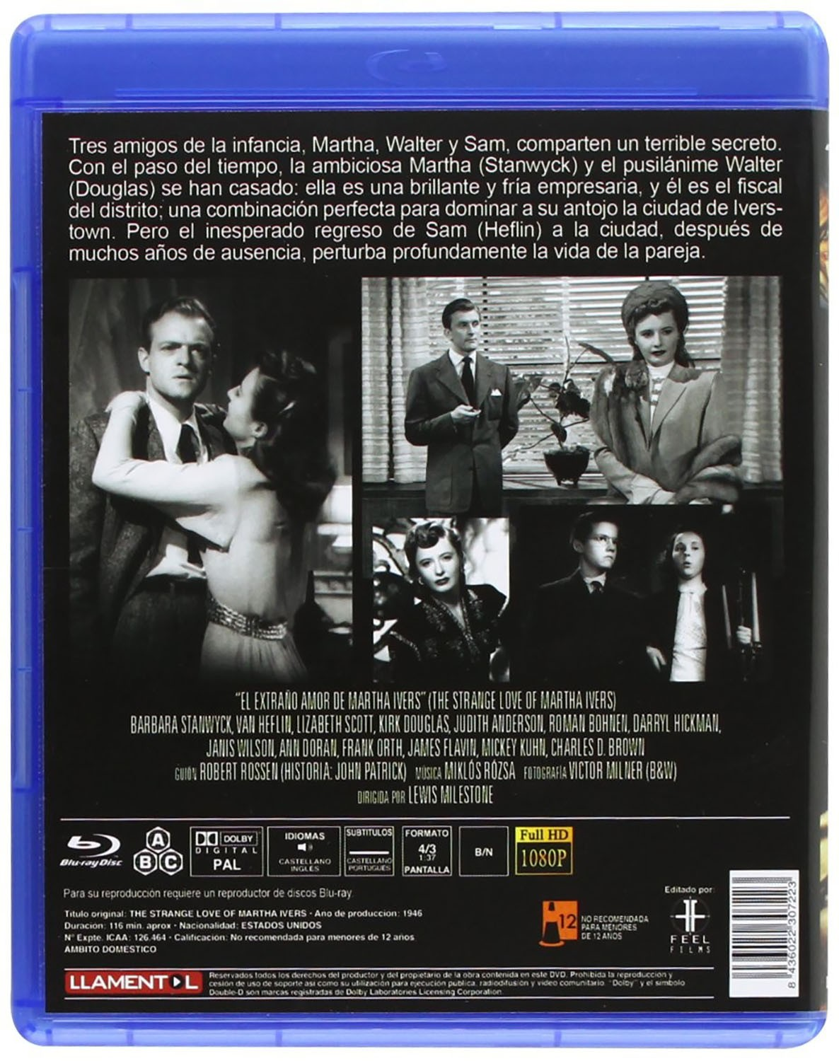 Caja azul de Blu-ray con escenas de cine en blanco y negro y texto al dorso de The Strange Love of Martha Ivers.