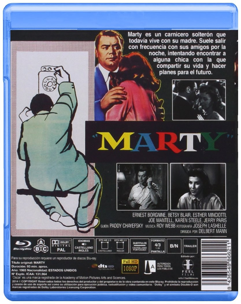 Contraportada del Blu-ray de Marty, con fotogramas de la película, texto y el título en colores.