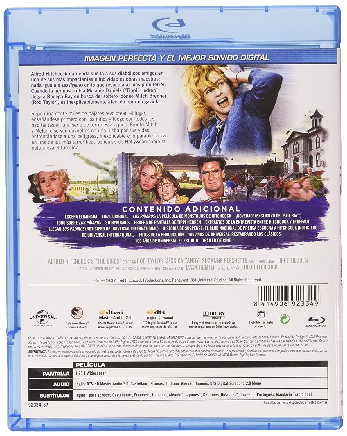 Contraportada de la caja Blu-ray de "Los pájaros" de Alfred Hitchcock con imágenes y texto.
