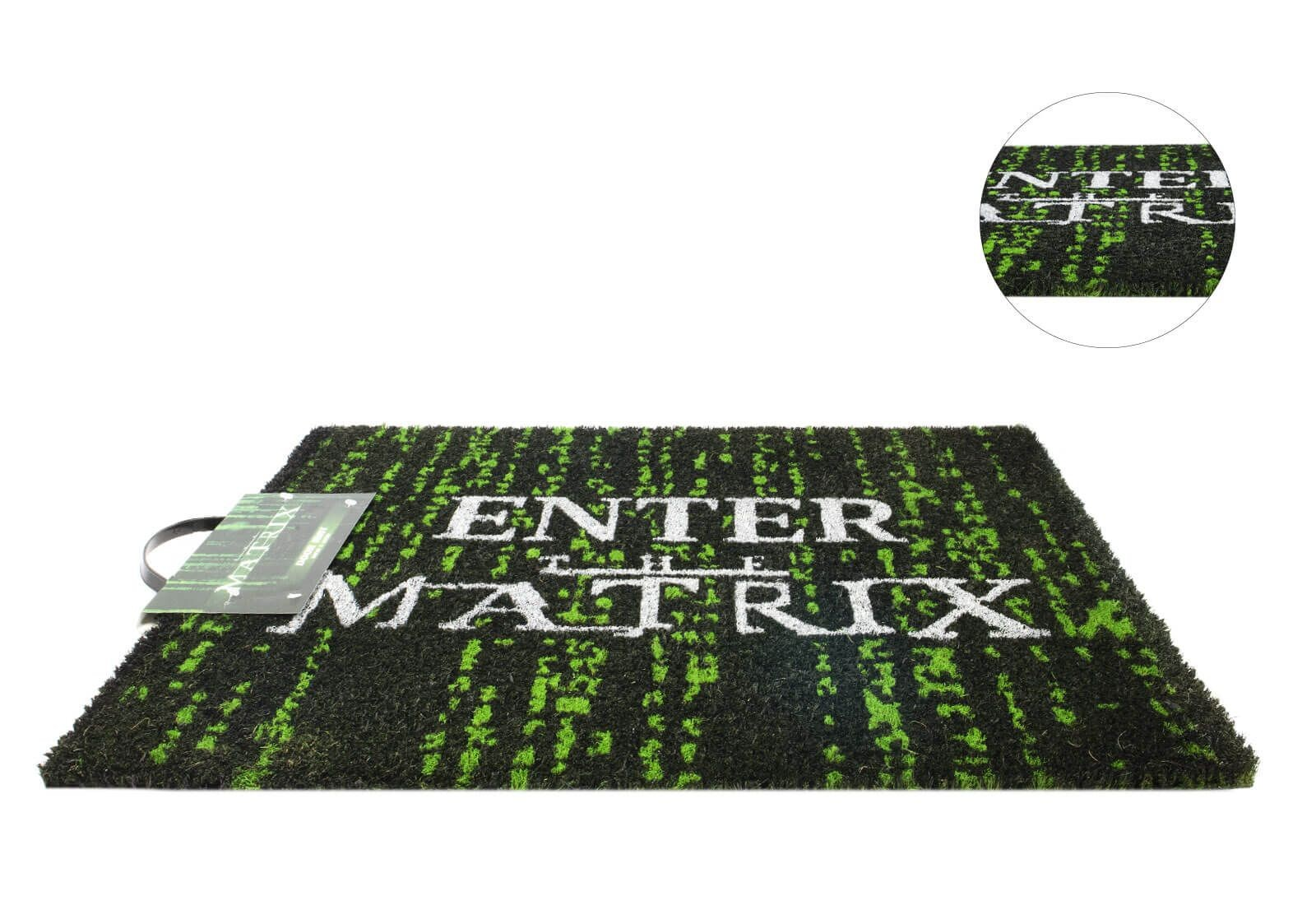 Un felpudo con diseño Matrix en verde y negro y texto blanco que dice Enter the Matrix.