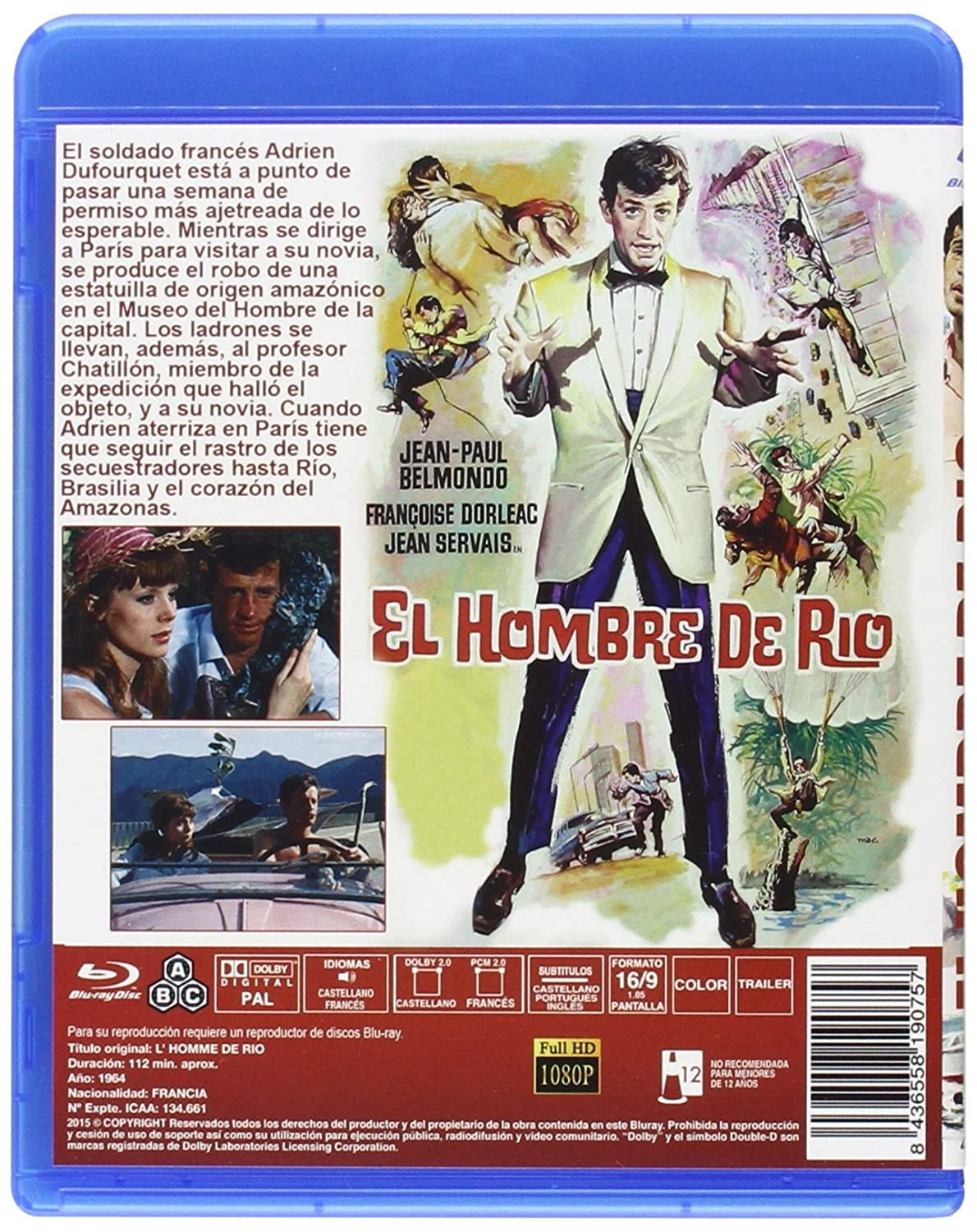 Contraportada del Blu-ray de 'El hombre de Río' con Jean-Paul Belmondo, fotogramas y sinopsis.
