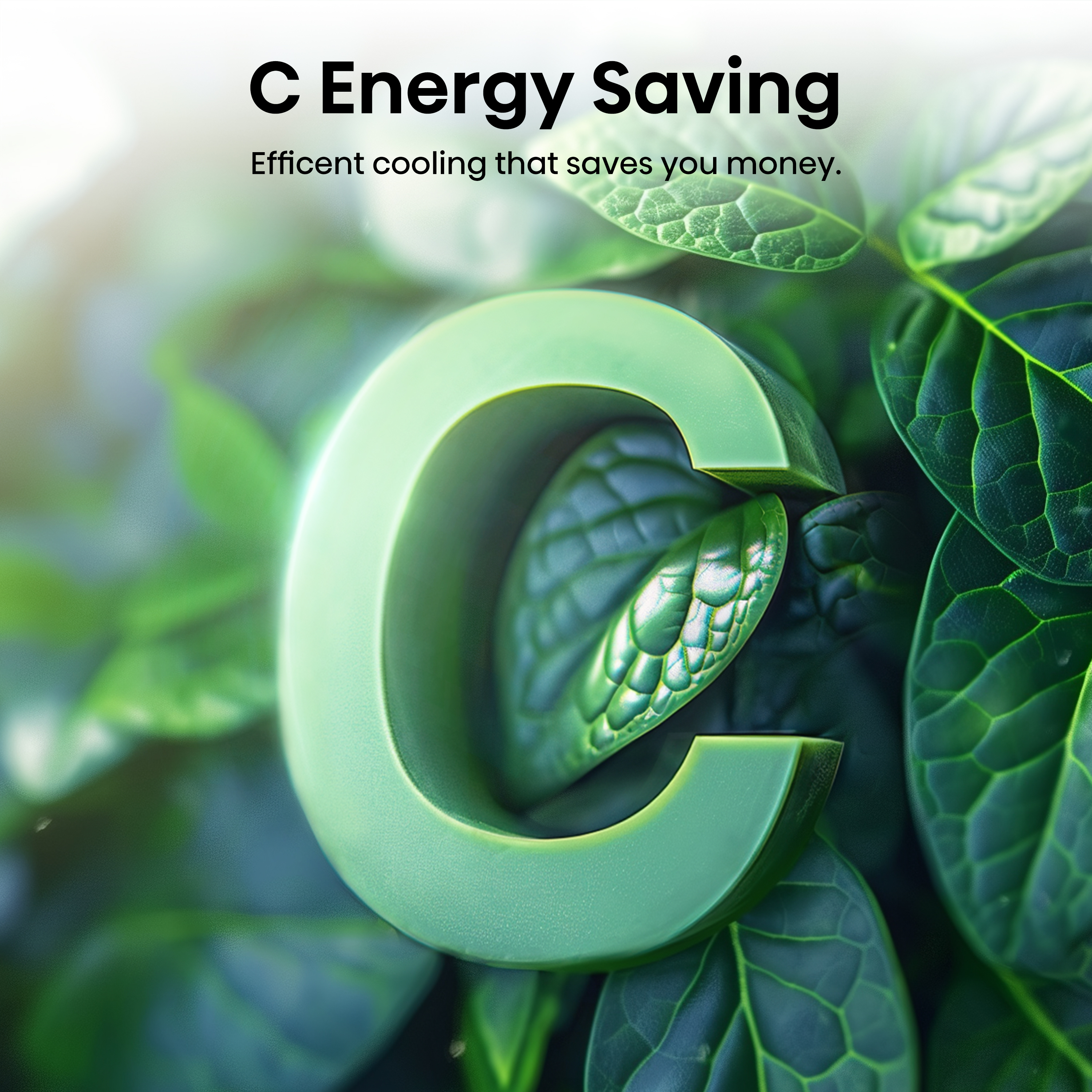 Una grande lettera C verde circondata da foglie verdi con la scritta C Energy Saving.