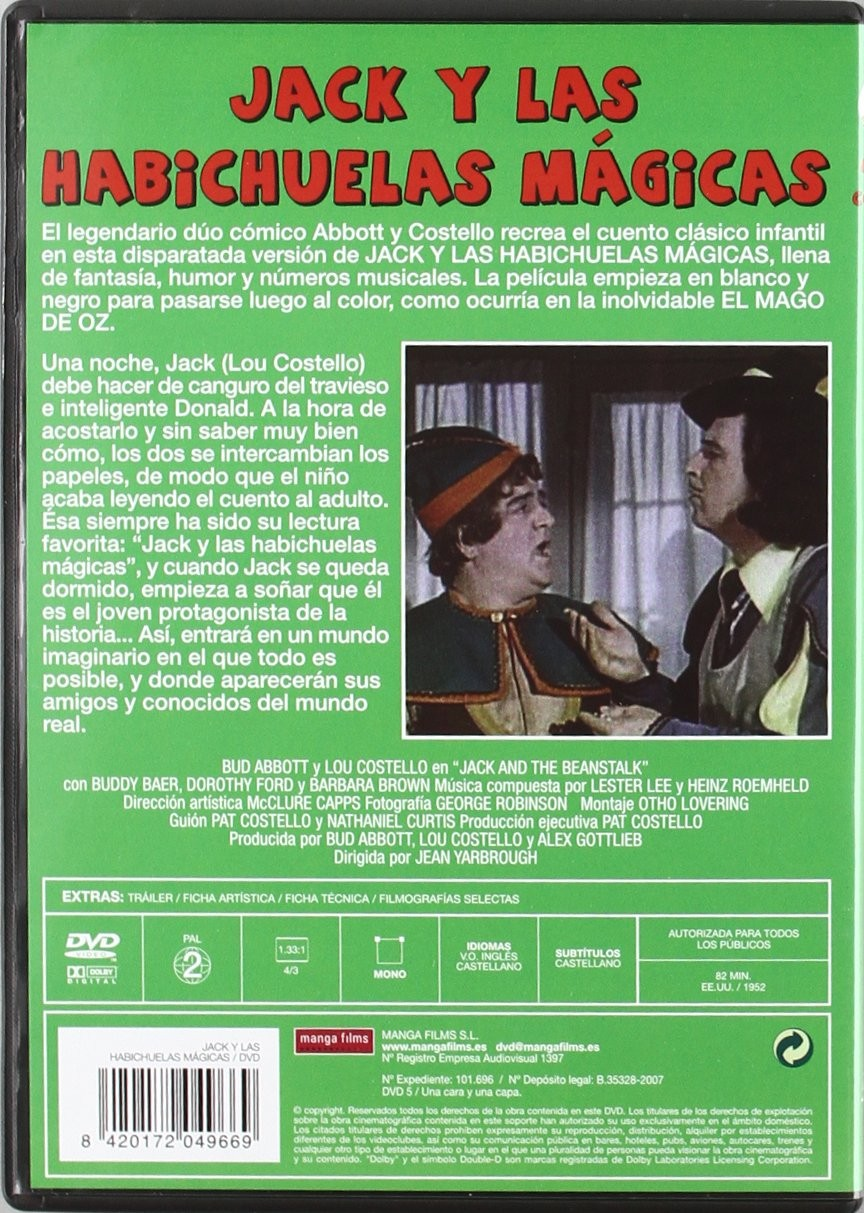Contraportada de un DVD con fondo verde, texto blanco, foto de una escena y código de barras abajo a la izquierda.