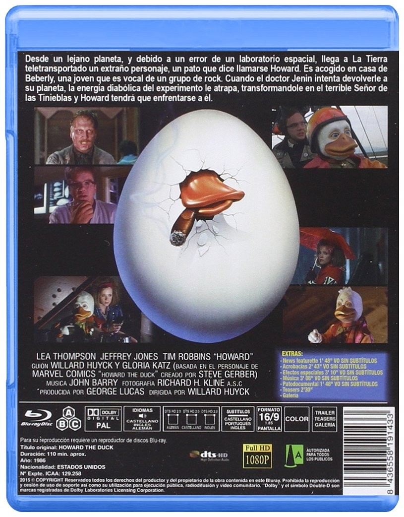 Contraportada de un Blu-ray de Howard the Duck con fotogramas, sinopsis y créditos en español.