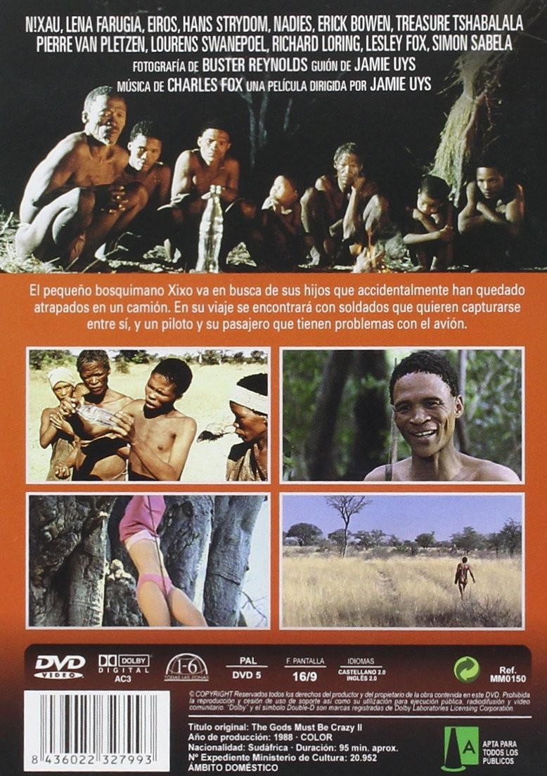 Carátula de DVD de Los dioses deben estar locos II con fotogramas, sinopsis y créditos.