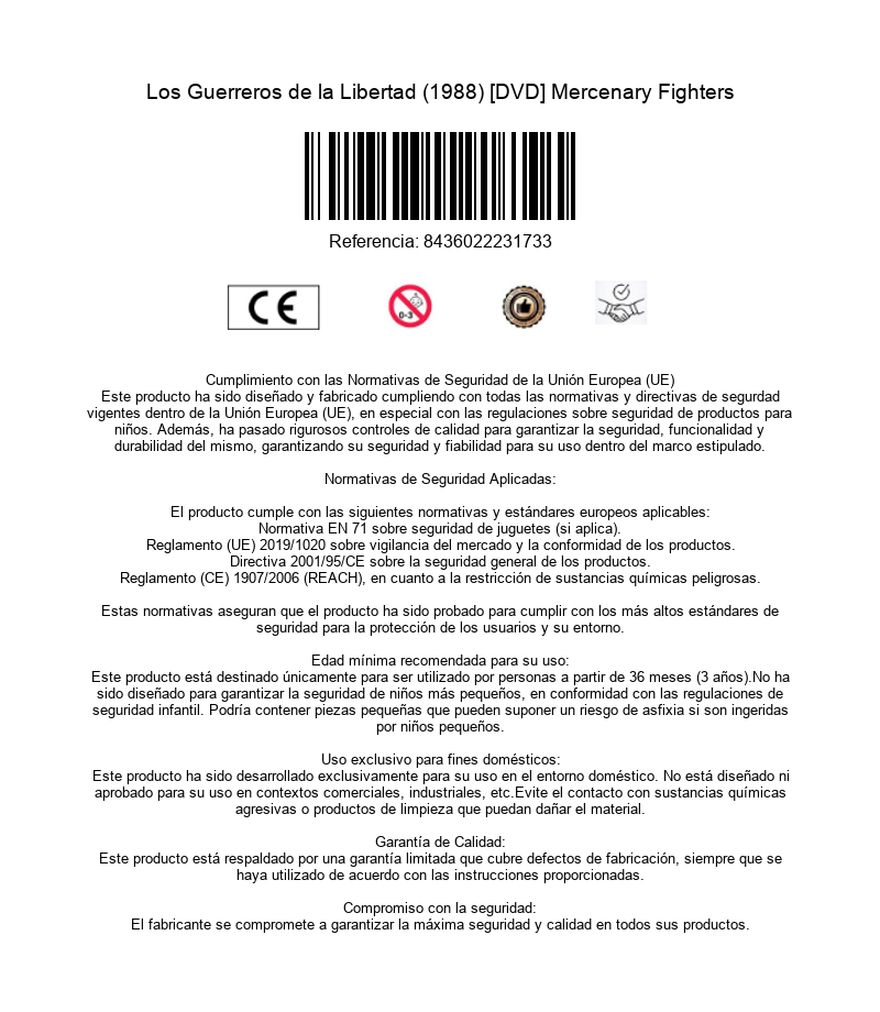 Contraportada de DVD con código de barras, marcado CE y texto en español sobre normas de seguridad.