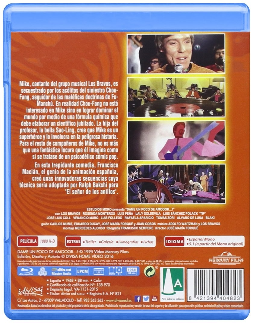 Contraportada de un estuche de Blu-ray de la película "Dame un poco de amooor...!" con fotogramas y texto en español.
