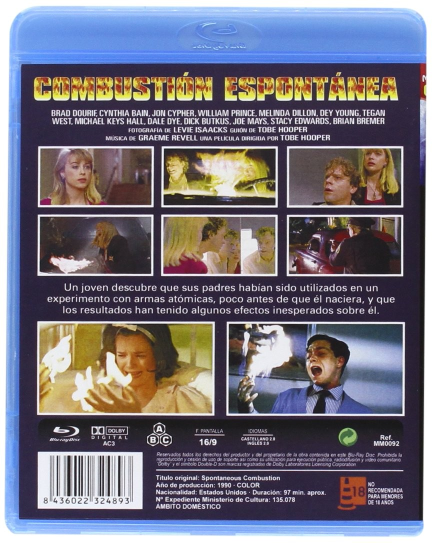 Contraportada de un estuche Blu-ray de Combustión Espontánea con fotogramas y sinopsis en español.