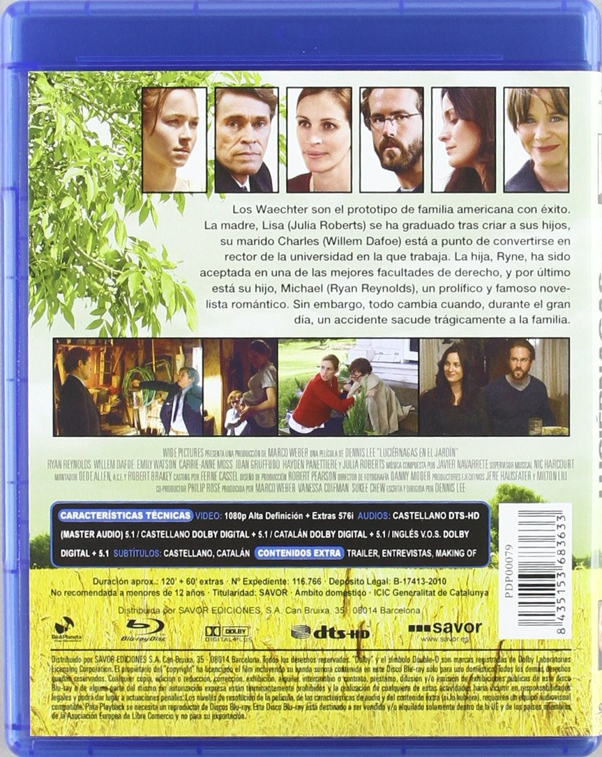 Contraportada de un estuche de Blu-ray con retratos de personajes, fotogramas, descripción en español, especificaciones y código.