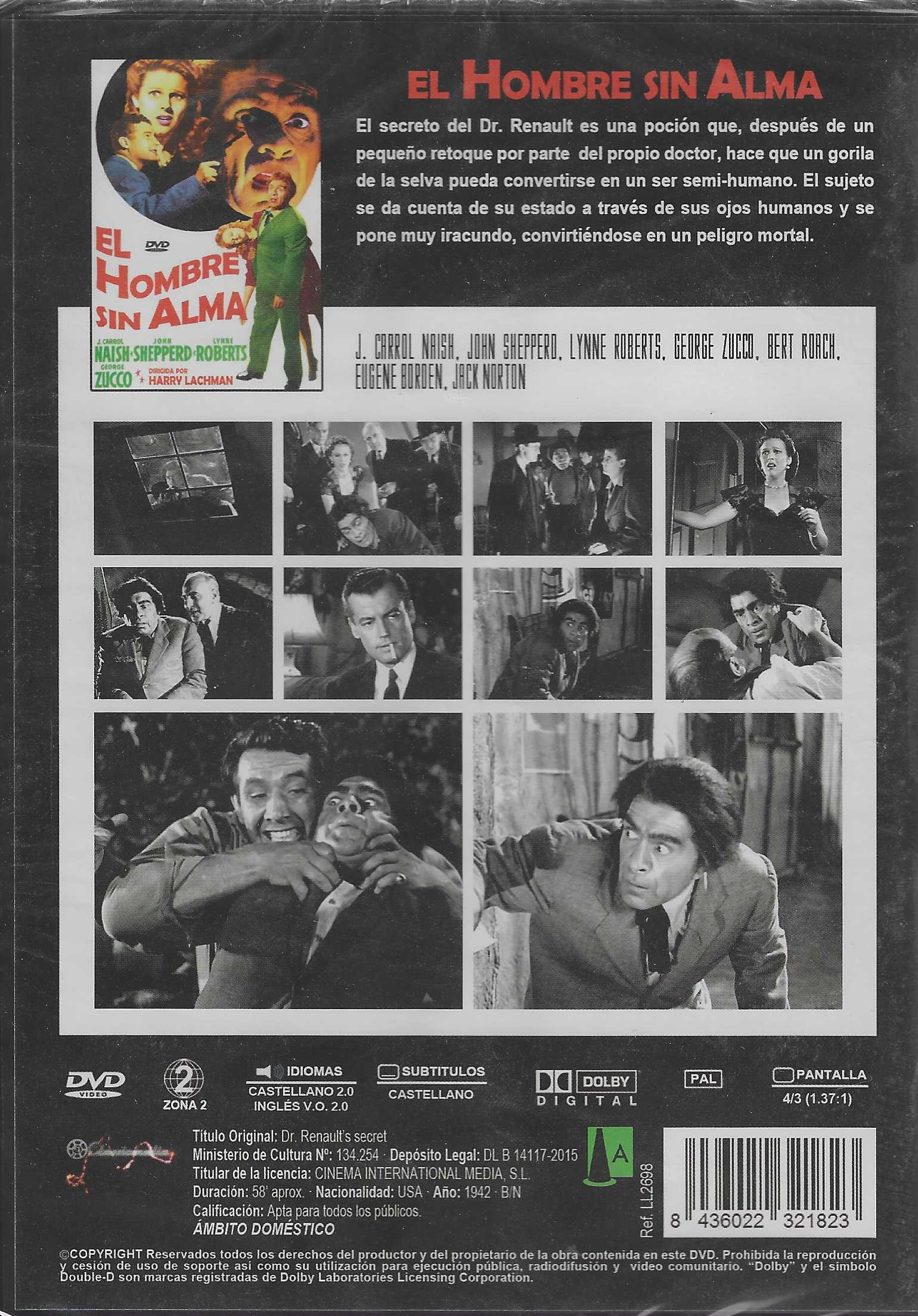 Contraportada de DVD de 'El Hombre sin Alma' con texto, reparto y fotogramas en blanco y negro.