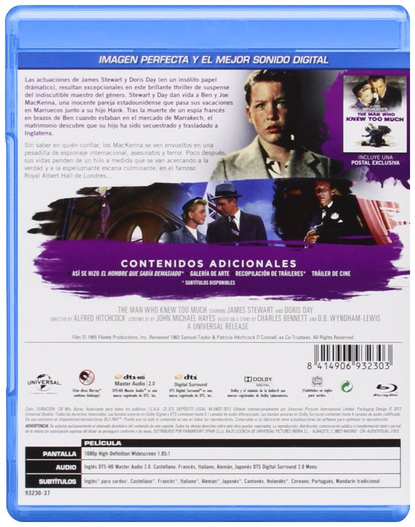Contraportada de la caja Blu-ray de The Man Who Knew Too Much con texto y escenas de la película.