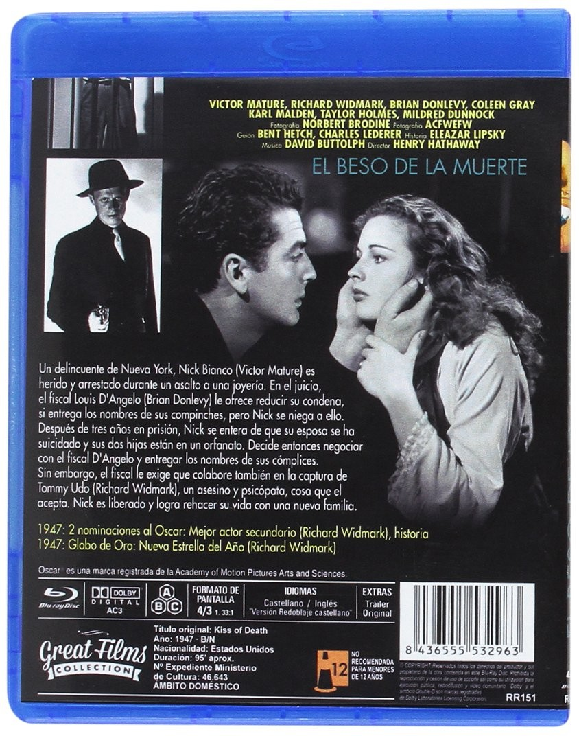 Contraportada de la caja Blu-ray de Kiss of Death, con fotos de escenas en blanco y negro y texto en español.