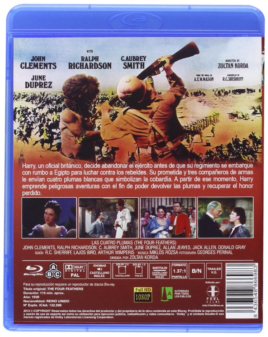 Contraportada de Blu-ray de The Four Feathers con escenas de la película, sinopsis y detalles del reparto.