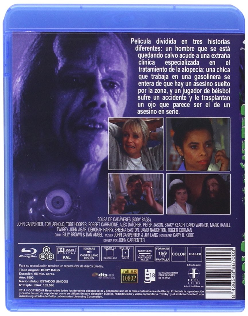 Parte trasera de la caja de Blu-ray Body Bags con un rostro espeluznante, cuatro escenas y texto en español.