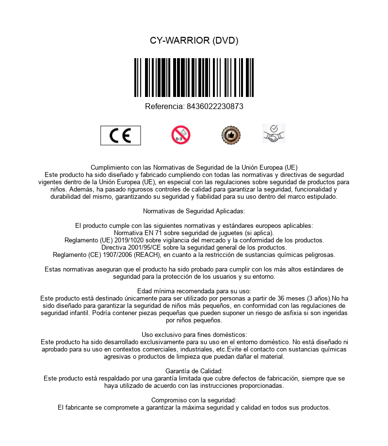 Información del producto y normas de seguridad de la UE para CY-WARRIOR con código de barras, marcado CE y texto.