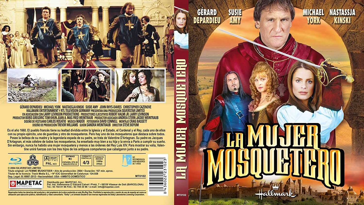 Carátula de la película La Mujer Mosquetero con Gérard Depardieu, Susie Amy y actores con trajes históricos.