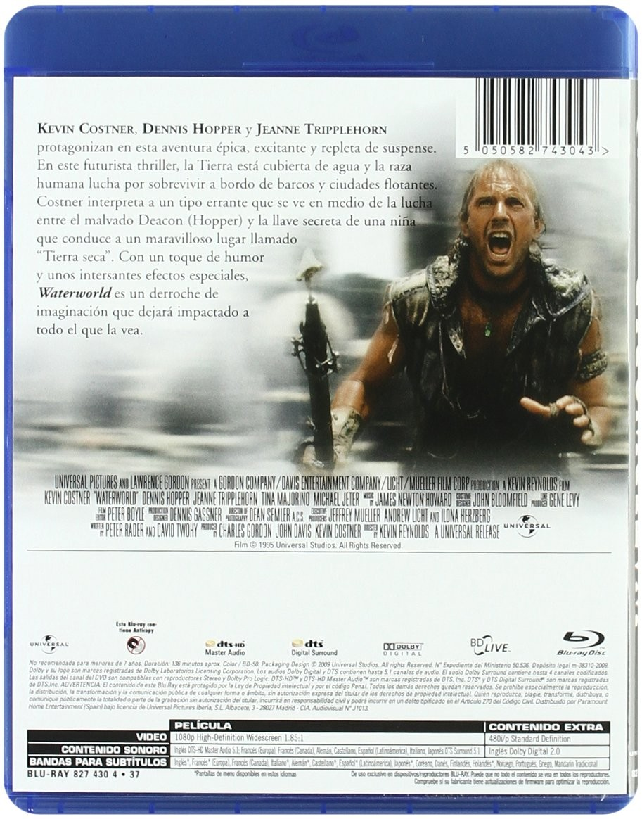Contraportada de un estuche de Blu-ray de Waterworld con texto y una escena de Kevin Costner.