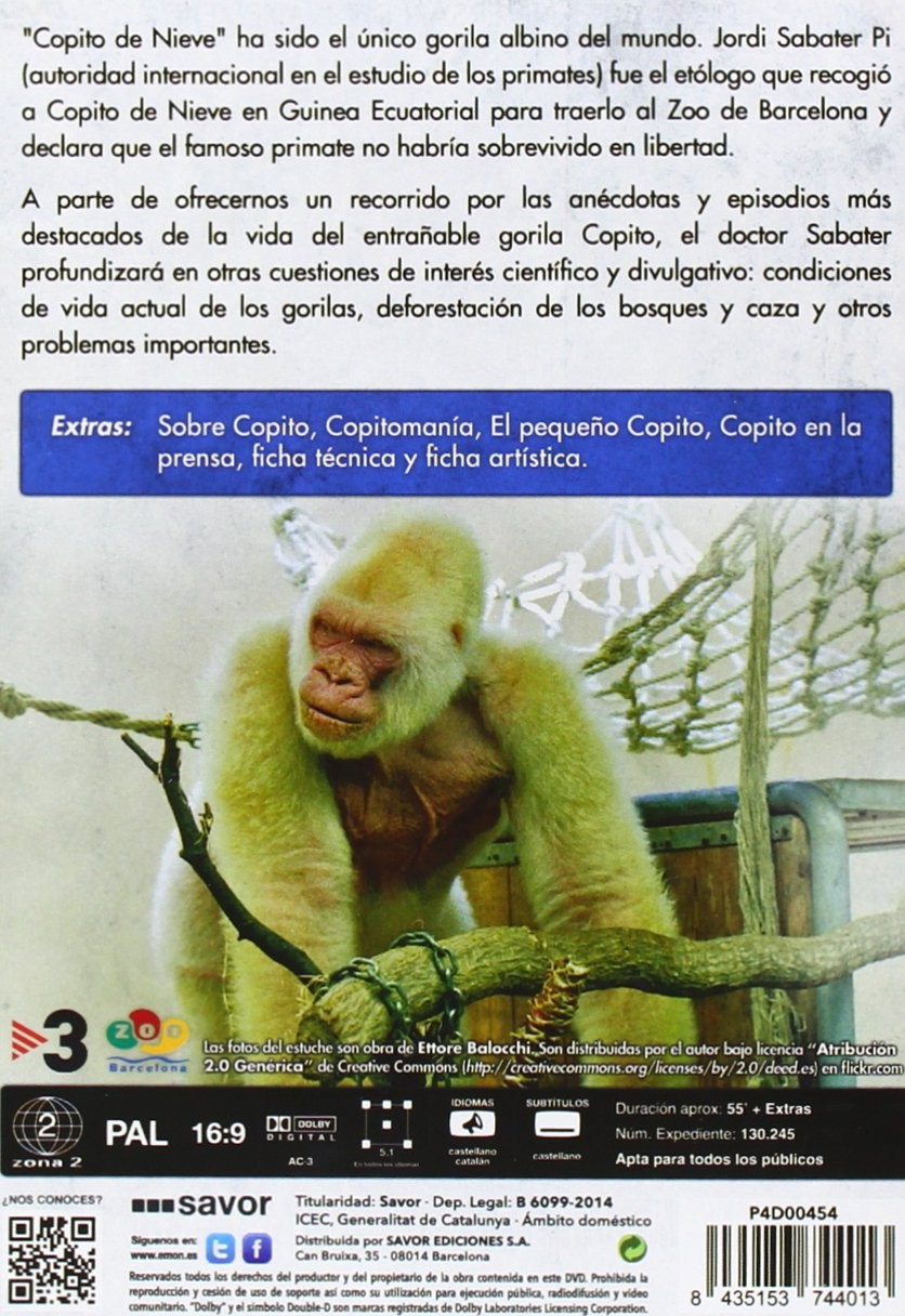 Contraportada de DVD con texto e imagen de un gorila albino.