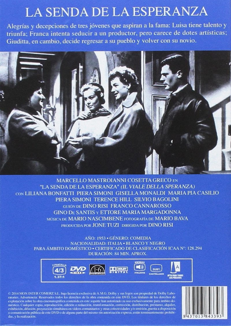 Carátula de DVD azul con escenas de películas en blanco y negro y texto sobre La Senda de la Esperanza.