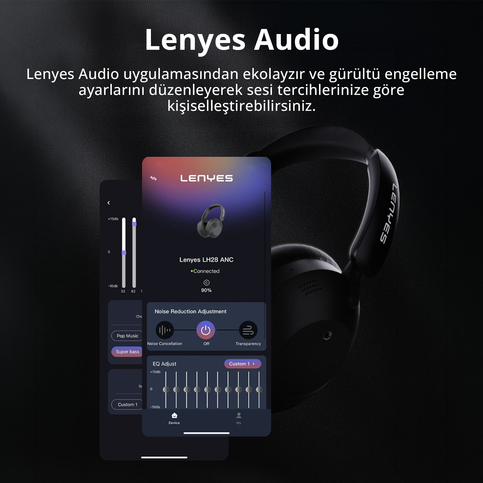Lenyes Audio uygulaması ekolayzır ve gürültü engelleme ayarlarını gösterir.