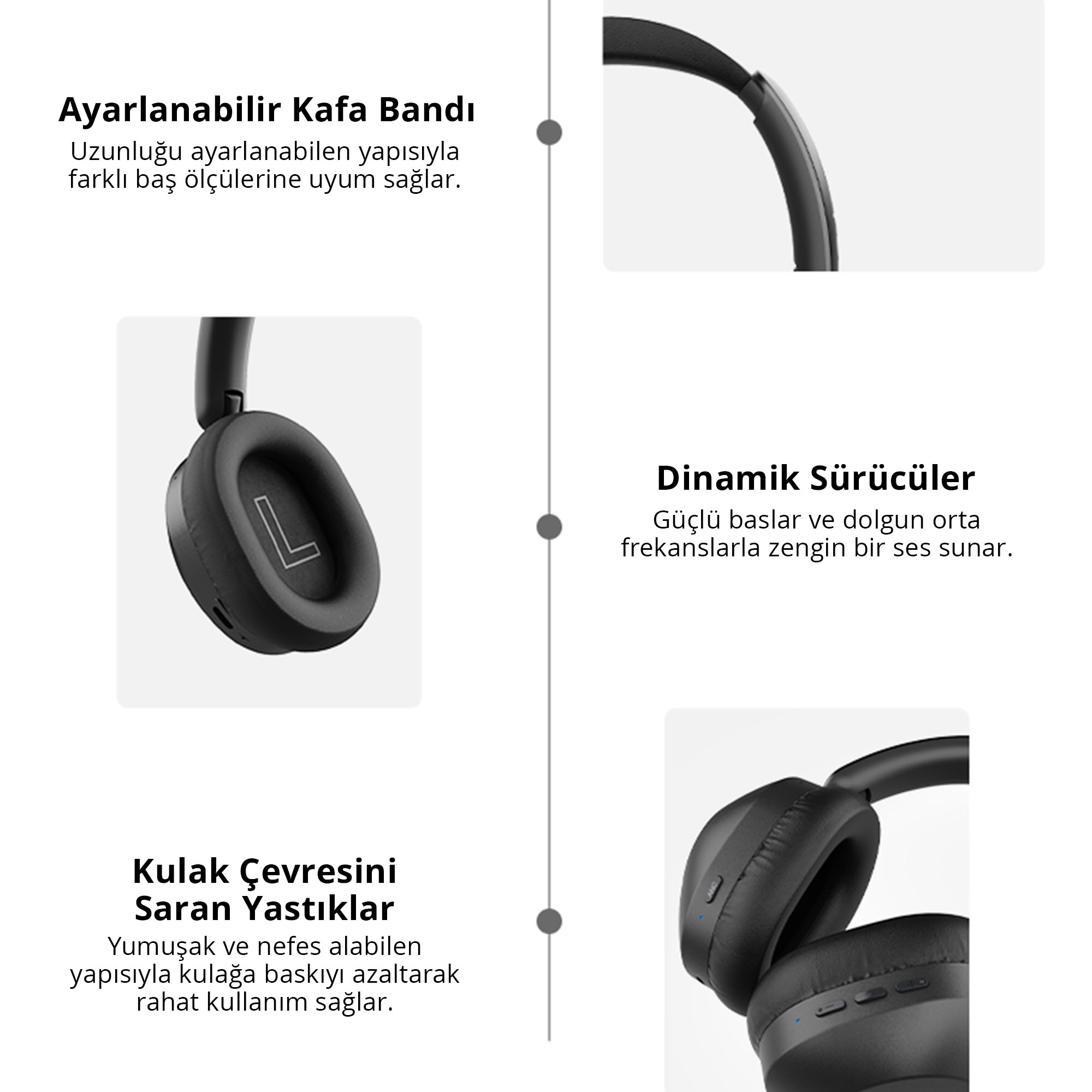 Ayarlanabilir kafa bandı, dinamik sürücüler ve kulak çevresini saran yastıkları gösteren kulaklık infografiği.