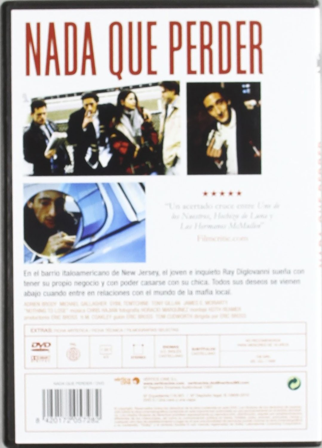 Contraportada de un DVD titulado Nada que perder, con imágenes de la película, sinopsis y código de barras.