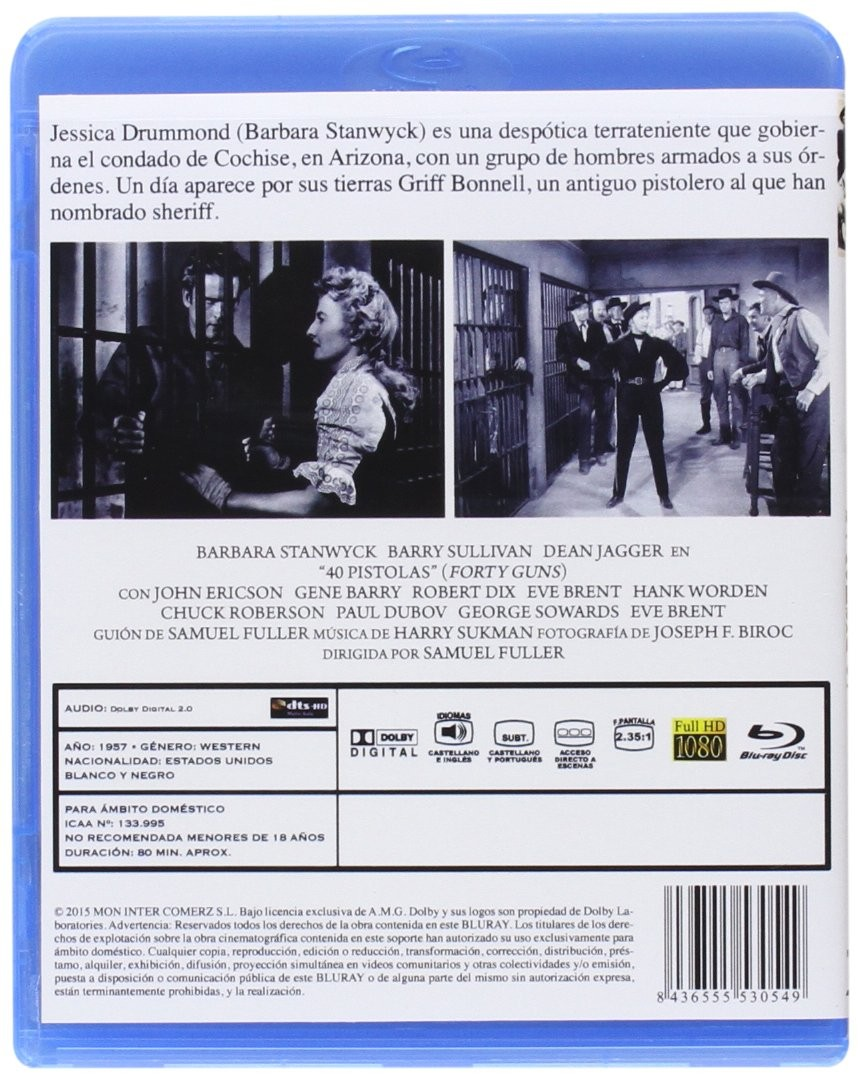 Contraportada del Blu-ray de 40 pistolas con texto, fotogramas en blanco y negro y detalles técnicos.