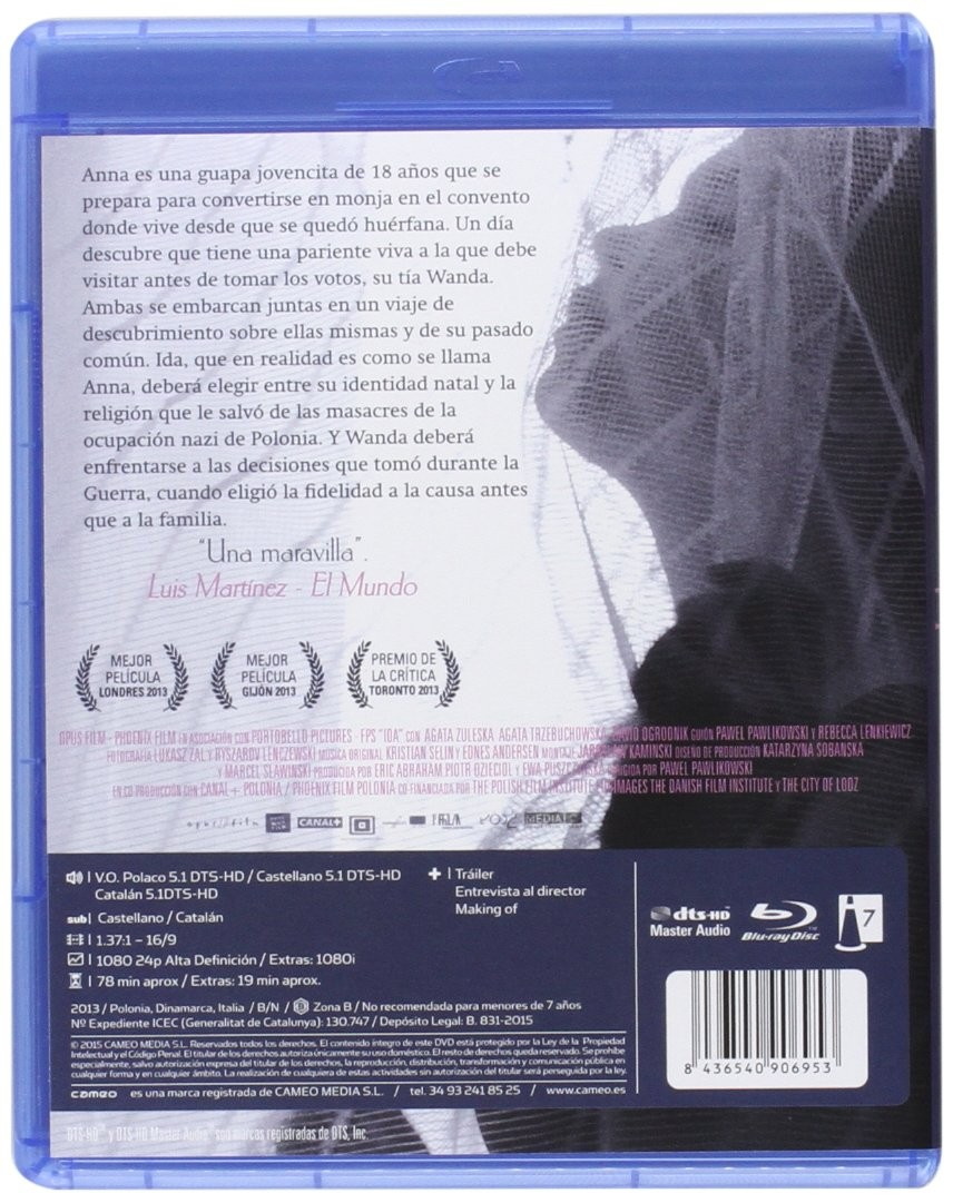 La trasera de una caja de Blu-ray azul muestra texto en español, premios de cine, detalles técnicos y un código de barras.
