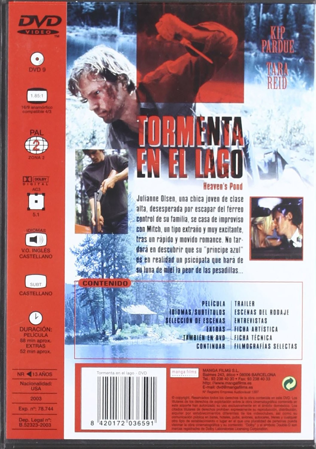 Contraportada del DVD de Tormenta en el Lago con fotogramas, sinopsis y detalles técnicos.