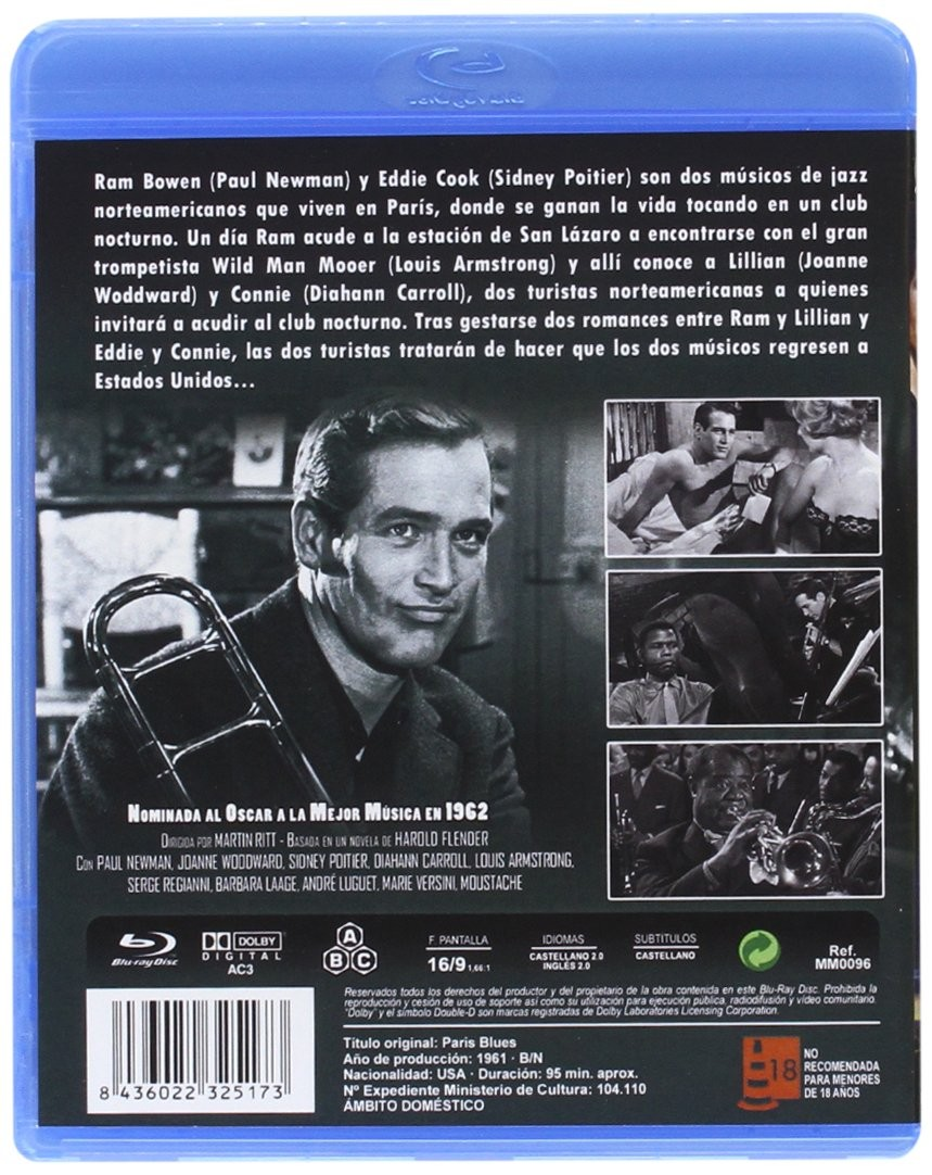 Contraportada del Blu-ray de Paris Blues con texto e imágenes de la película en blanco y negro.